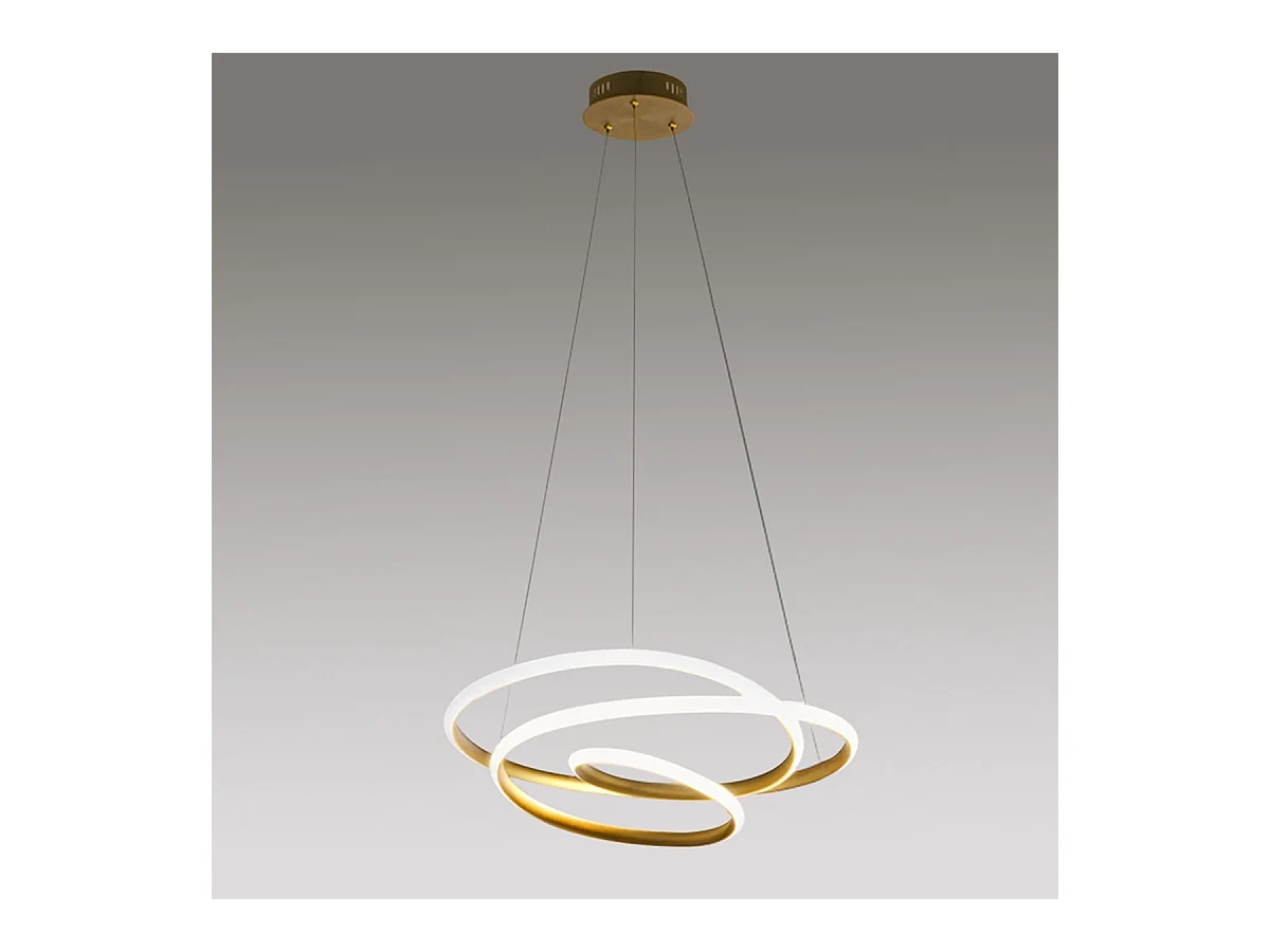 Diva - 80W dimmbare LED-Pendelleuchte - Modernes Design aus gebürstetem Goldaluminium, 3000K warmes Licht, ineinander verschlungene Ringe D.85cm