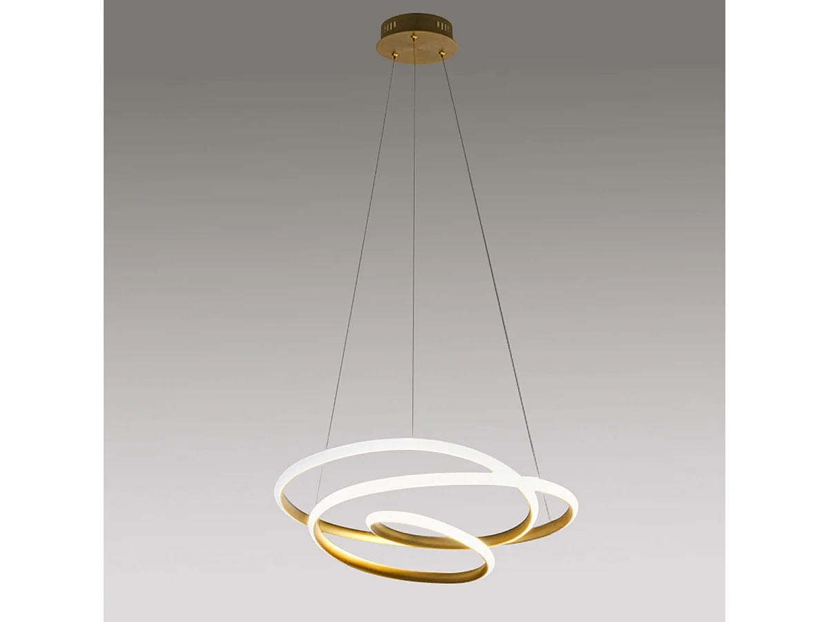 Diva - Lámpara colgante LED regulable 80W - Diseño moderno en aluminio oro cepillado, luz cálida 3000K, anillos entrelazados d.85cm