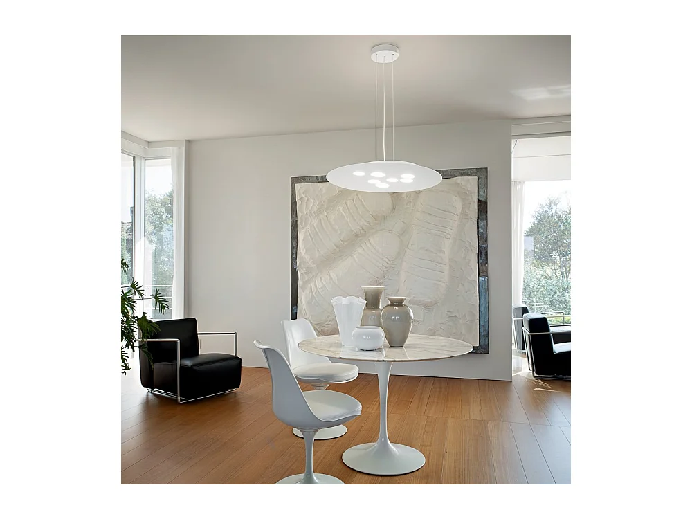 Runde LED-Pendelleuchte Luna aus weißem Metall, 72,5 x 60 cm, 10 Leuchten GX53, max. 10 x 8 W, doppelte Emission, IP20, ohne Leuchtmittel