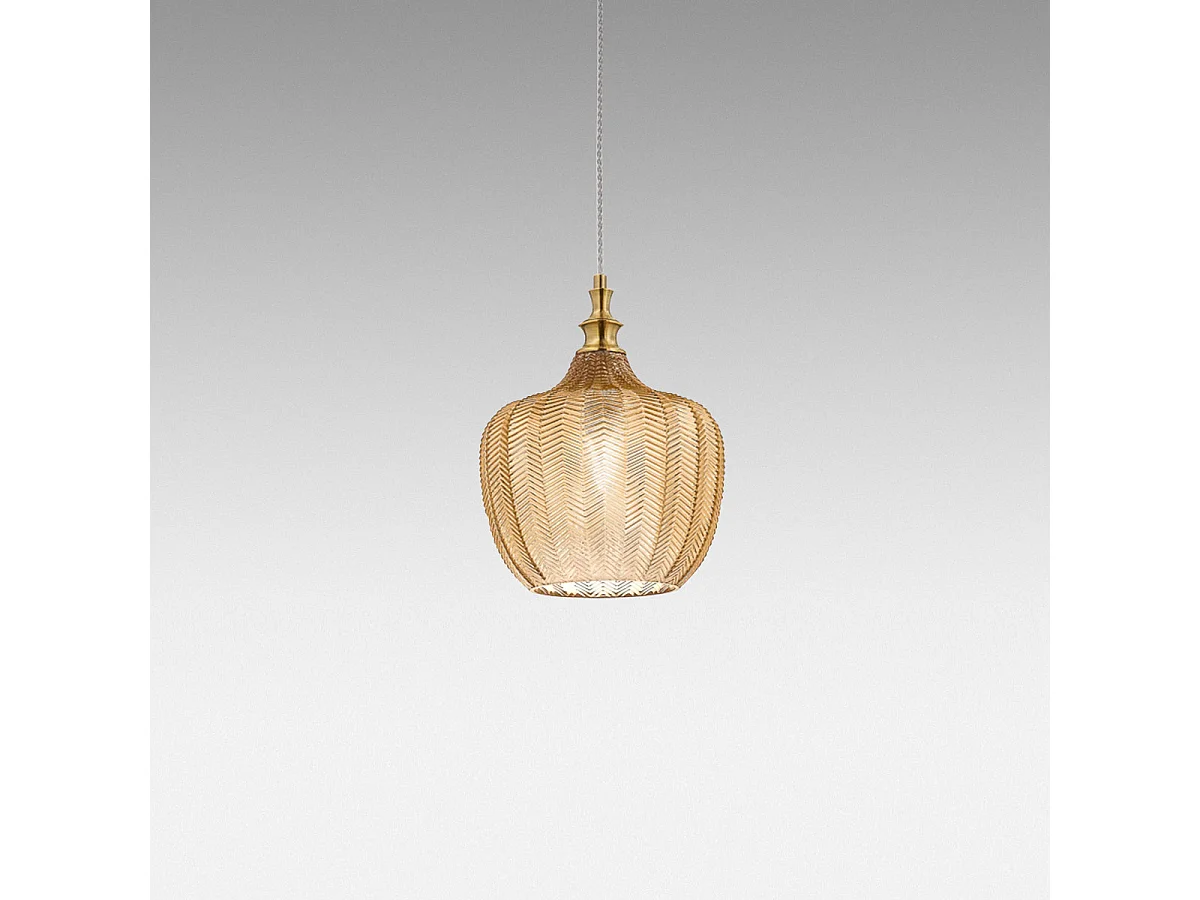 Cleofe - Pendant lamp in transparent amber glass and brass - 1XE27 socket, vintage style, IP20, 1XE27 max 1X60W, d.24cm, bulbs not included