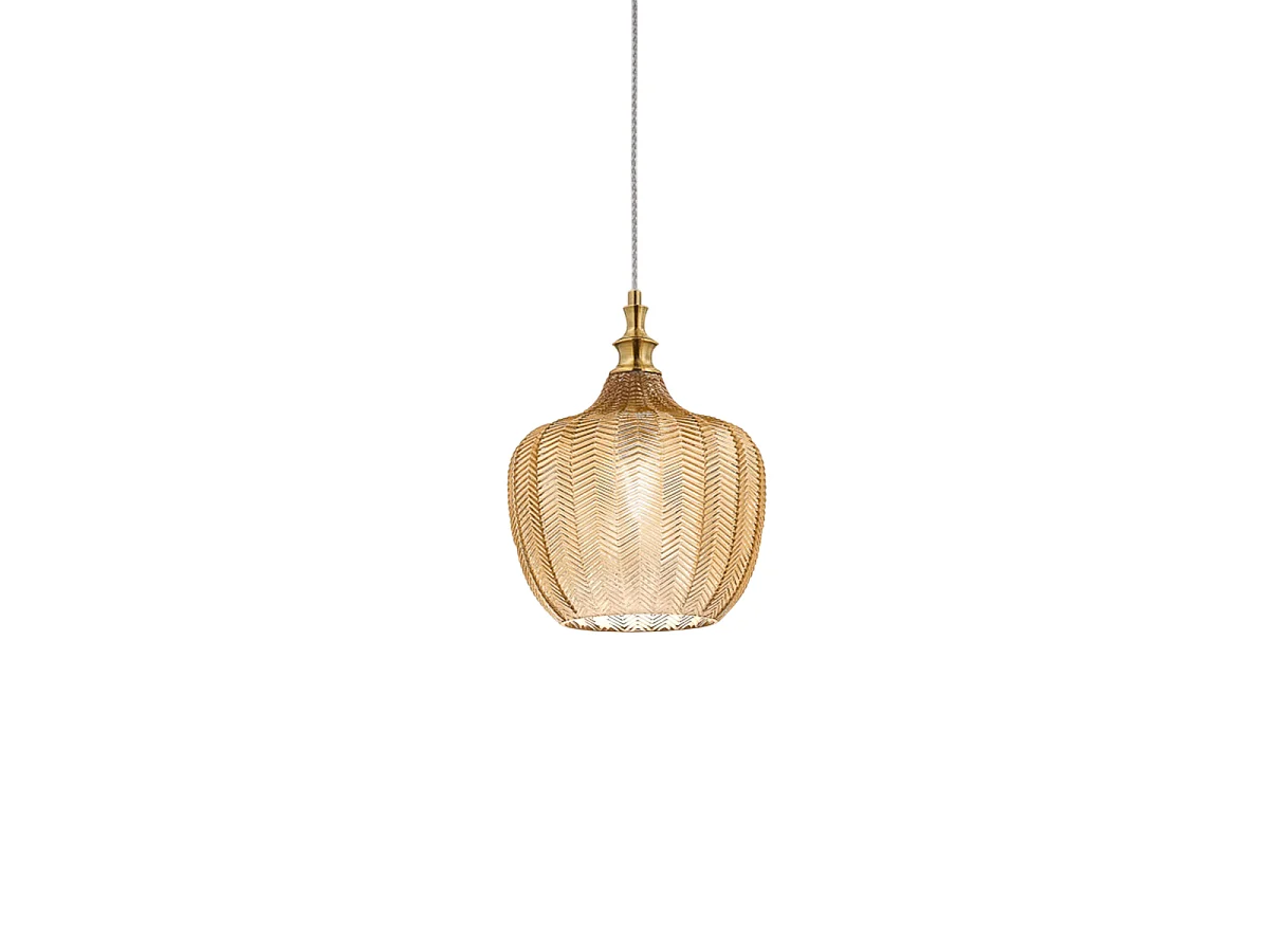 Cleofe - Pendant lamp in transparent amber glass and brass - 1XE27 socket, vintage style, IP20, 1XE27 max 1X60W, d.24cm, bulbs not included