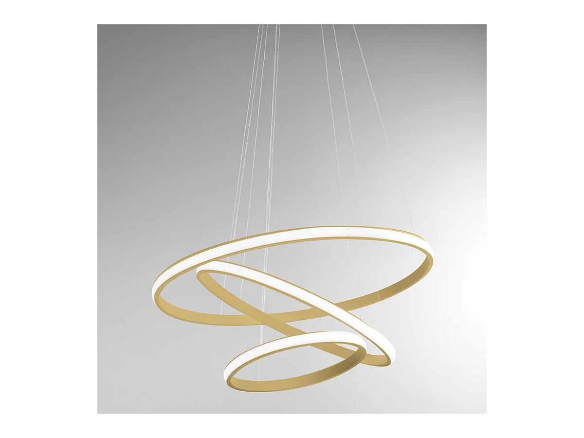 Lustre LED Iole S3 60W dimmable – suspension 3 anneaux en alu doré brossé, 3000K, 3000lm, style moderne