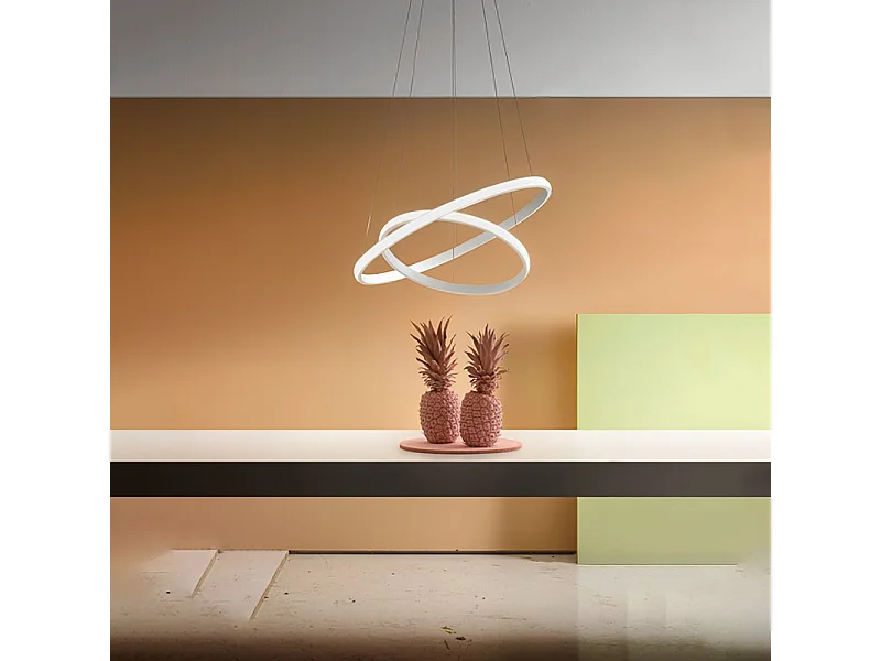 Iole S2 Lámpara de araña LED regulable 40W - Suspensión moderna de doble aro blanco, luz cálida 3000K, 2000lm, diseño elegante