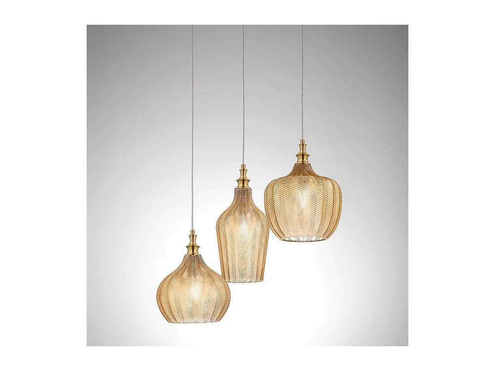 Cleofe - Lámpara colgante de 3 luces en cristal ámbar transparente y latón - 3XE27 max 3X60W, decorativa estilo vintage, IP20