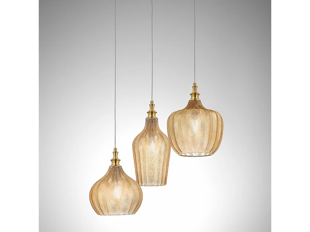 Cleofe - lampa wisząca z 3 źródłami światła, szkło bursztynowe transparentne i mosiądz - 3XE27 max 3X60W, dekoracyjny styl vintage, IP20
