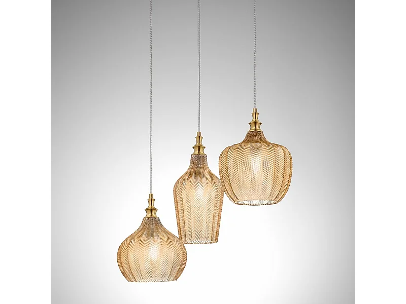 Cleofe - Suspension 3 lumières en verre ambré transparent et laiton - 3XE27 max 3X60W, déco style vintage