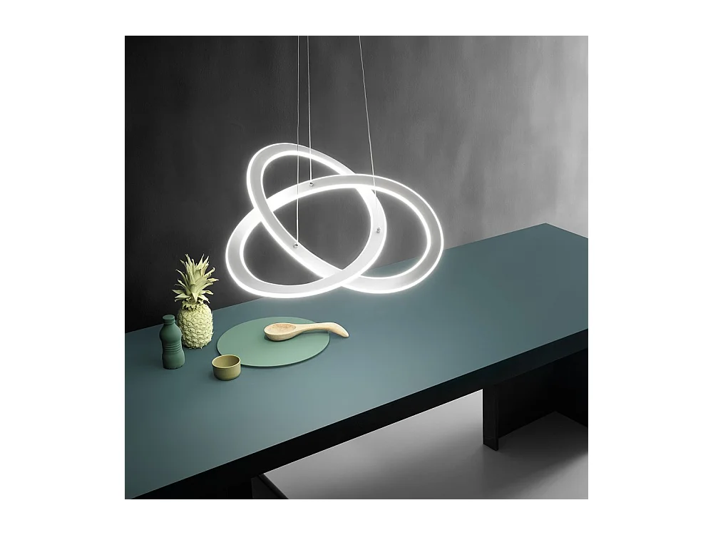 Lustre LED Yara 40W dimmable – anneau aluminium blanc, 4000K, 1900lm, LED intégrée, 57x120cm, style moderne, IP20