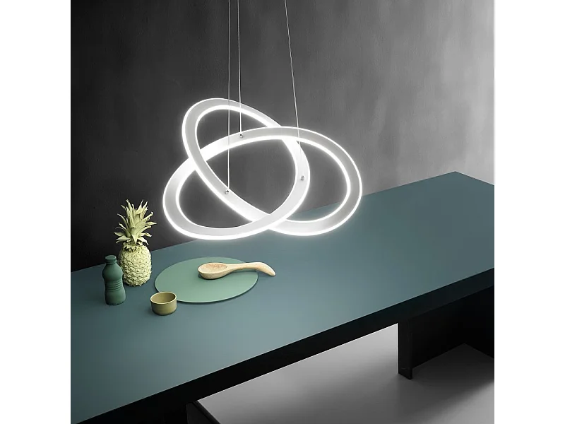 Lámpara de araña led moderna Yara 40W suspensión regulable 4000K luz cálida, diseño aros de aluminio blanco 57x120cm, 1900lm, LED integrado IP20