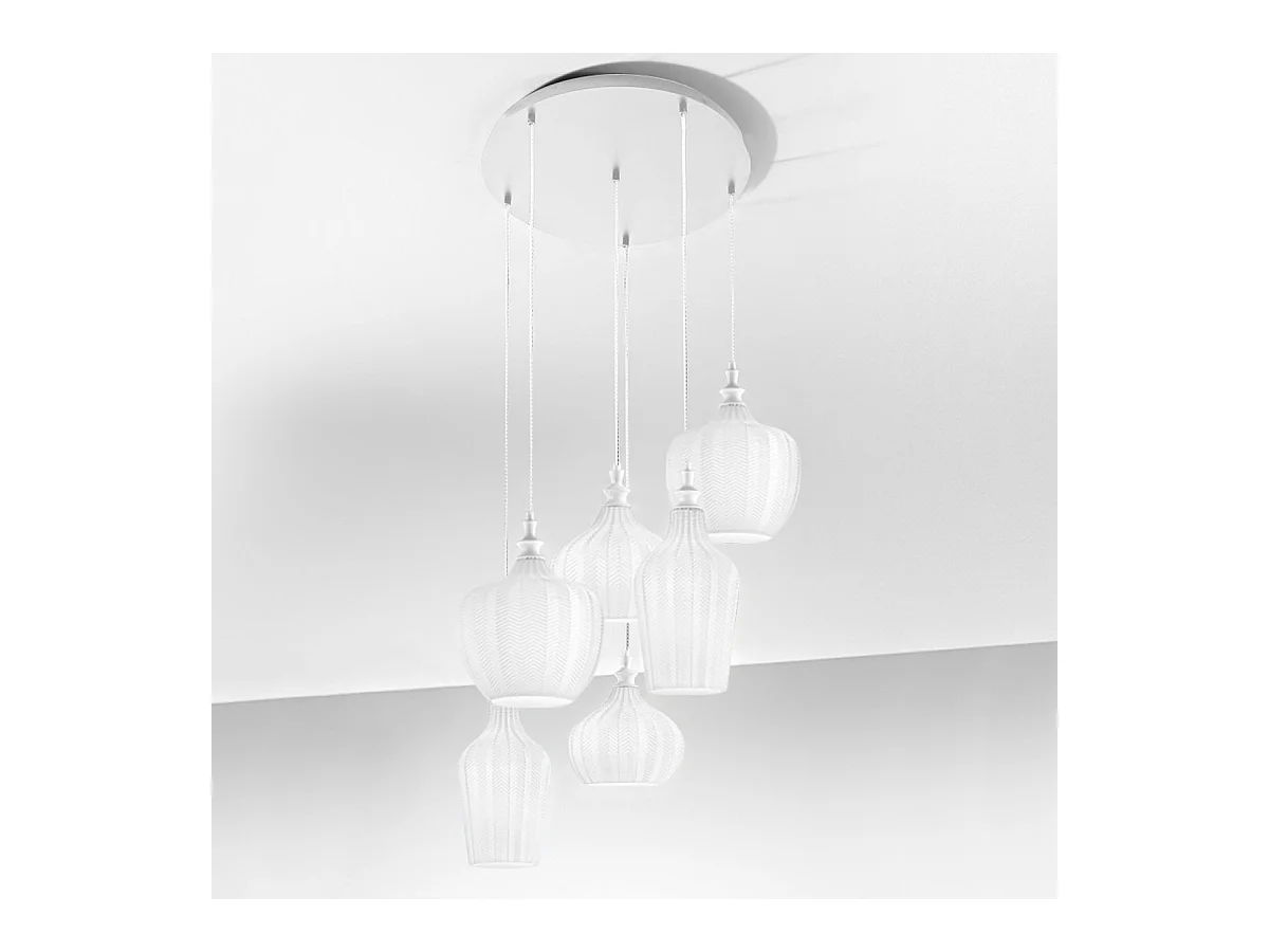 Cleofe – 6-flammiger Hängeleuchter in Mattweiß mit opalweißem Glas – 6XE27 max 6X60W, elegantes modernes Design, IP20