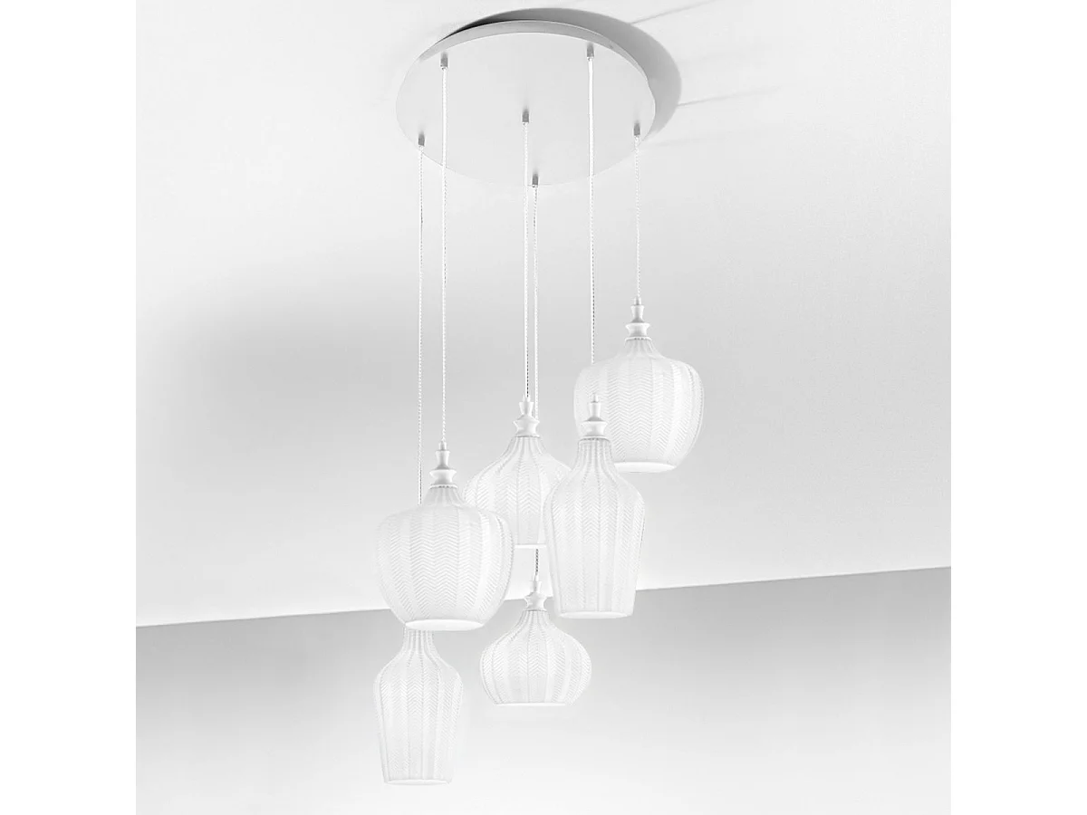 Cleofe - Lustre suspension 6 lumières blanc mat avec verre blanc opale - 6XE27 max 6X60W, et élégant