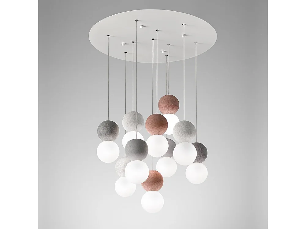 Sfera - lampa wisząca 10-punktowa z betonowymi i opalowymi kulami szklanymi - 10XG9 max 10X7W, nowoczesny design, IP20, bez żarówek