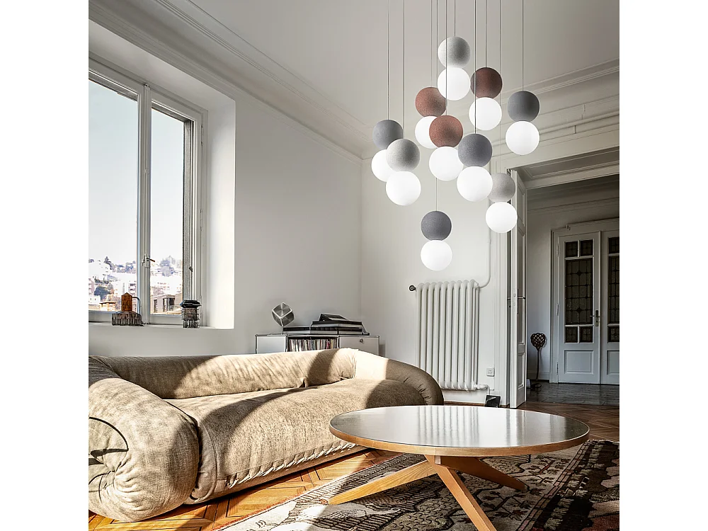 Sfera - lampa wisząca 10-punktowa z betonowymi i opalowymi kulami szklanymi - 10XG9 max 10X7W, nowoczesny design, IP20, bez żarówek
