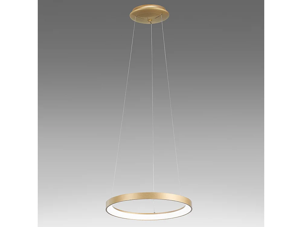 Krizia - Lámpara colgante LED regulable 30W - 2300lm, luz cálida 3000K, aro oro cepillado, difusor acrílico, d. 40cm, IP20