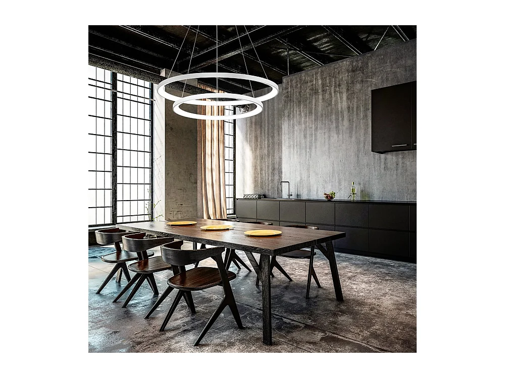 Krizia - Suspension double LED dimmable 88W - 6300lm, lumière chaude 3000K, anneaux blancs opaques, diffuseur opale, d. 60+80cm