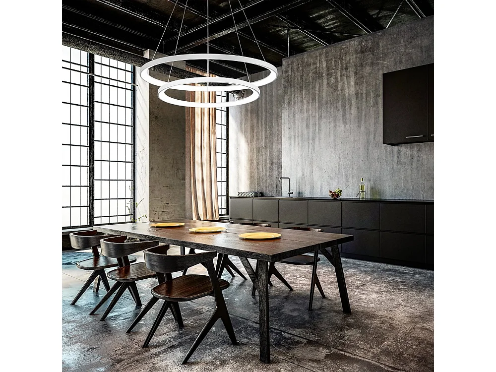 Krizia - Suspension double LED dimmable 88W - 6300lm, lumière chaude 3000K, anneaux blancs opaques, diffuseur opale, d. 60+80cm