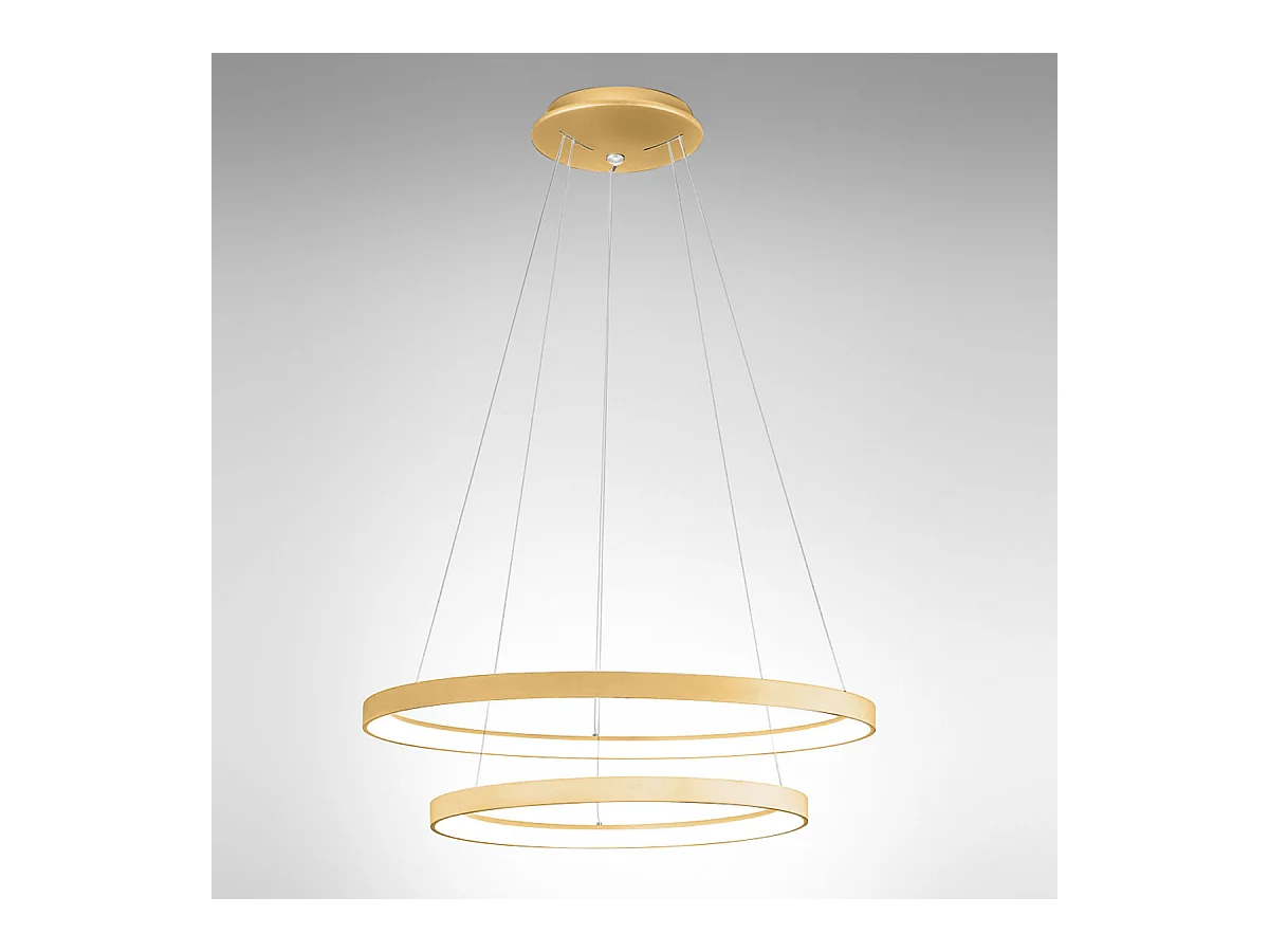 Krizia - Suspension double LED dimmable 88W - 6300lm, lumière chaude 3000K, anneaux or brossé, diffuseur opale, d. 60+80cm