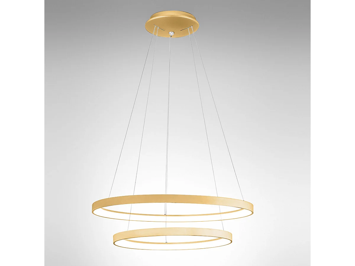 Krizia - Lámpara colgante doble LED regulable 88W - 6300lm, luz cálida 3000K, aros oro cepillado, difusor opal, IP20, d. 60+80cm