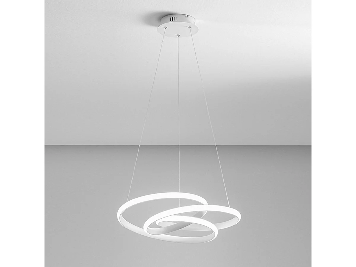 Diva - lampa wisząca LED 80W z możliwością ściemniania - nowoczesny design, satynowo-biały aluminium, ciepłe światło 3000K, splecione pierścienie o średnicy 85 cm