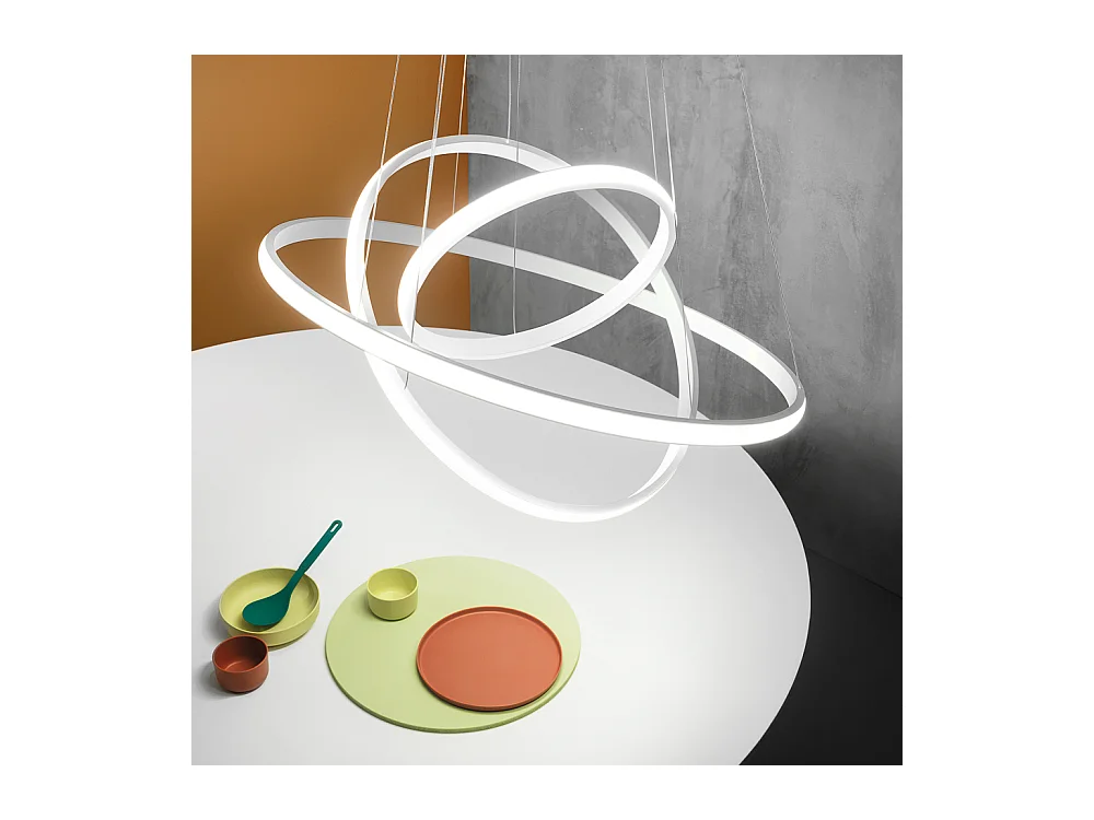 Lustre LED dimmable Iole S3 60W - Suspension moderne à 3 anneaux en aluminium titane, lumière chaude 3000K, 3000lm, design élégant