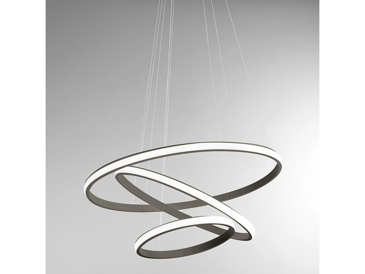 Lustre LED dimmable Iole S3 60W - Suspension moderne à 3 anneaux en aluminium titane, lumière chaude 3000K, 3000lm, design élégant