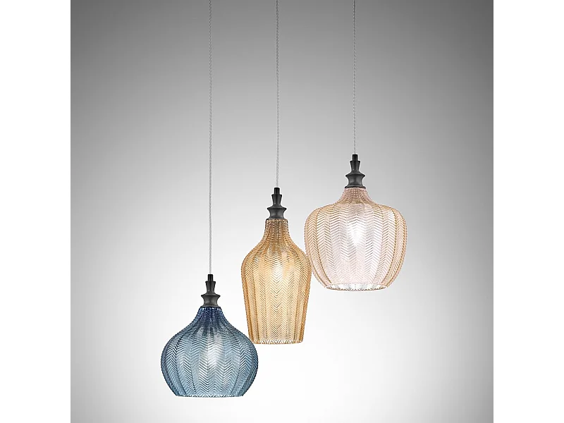 Cleofe – Pendelleuchte mit 3 Leuchten aus transparentem Bernstein-, Ocker- und Kobaltglas – 3XE27 max. 3X60W, dekorativer Vintage-Stil, IP20