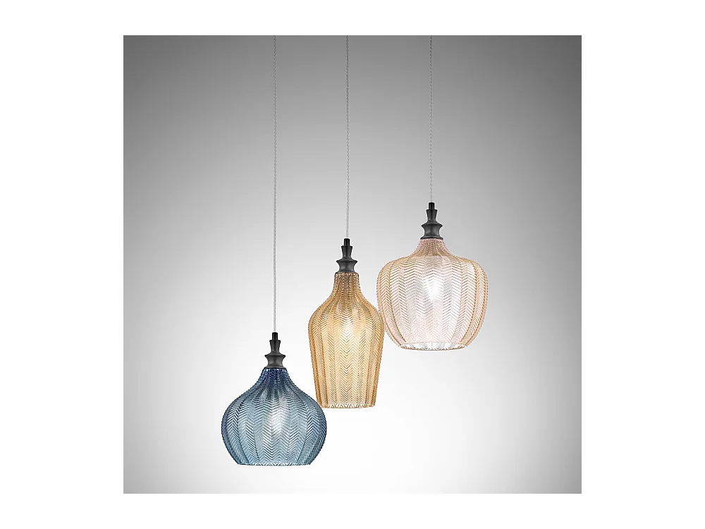 Cleofe - Suspension 3 lumières en verre transparent ambre, ocre et cobalt - 3XE27 max 3X60W, déco style vintage
