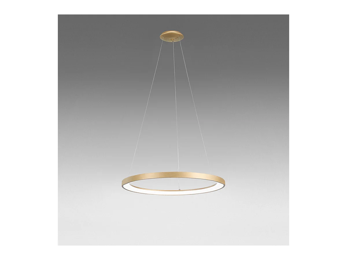 Krizia - Suspension LED dimmable 60W - 4800lm, lumière chaude 3000K, anneau or brossé, diffuseur opale, d.80 cm