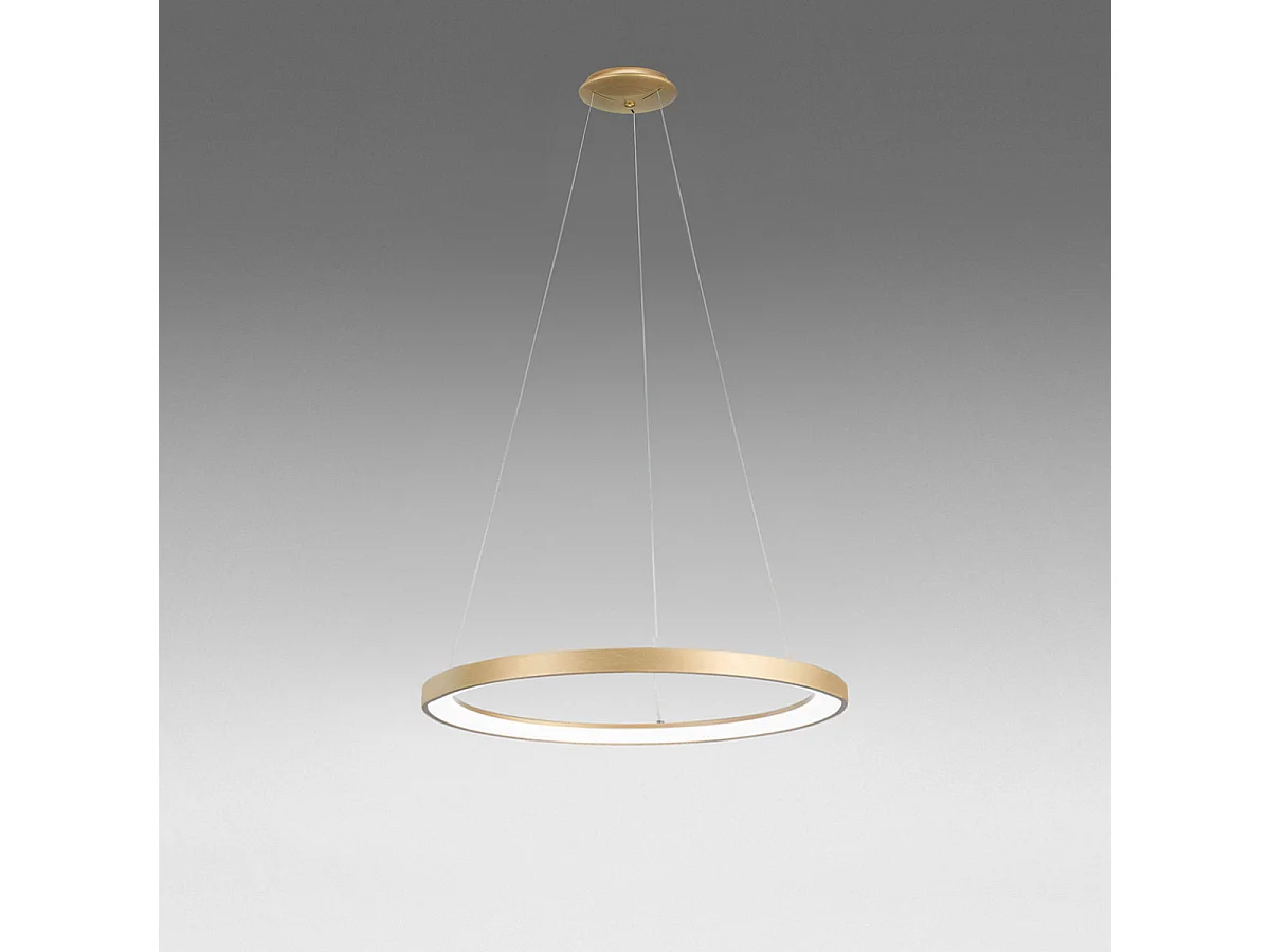 Krizia - Lámpara colgante LED regulable 60W - 4800lm, luz cálida 3000K, aro oro cepillado, difusor opal, d.80 cm, IP20