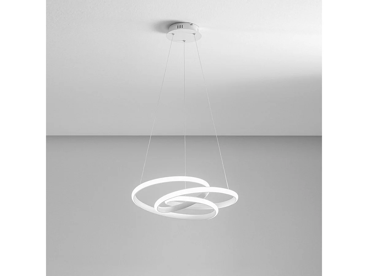 Diva - lampa wisząca LED 47W z możliwością ściemniania - nowoczesny design, satynowo-biały aluminium, ciepłe światło 3000K, splecione pierścienie o średnicy 65 cm