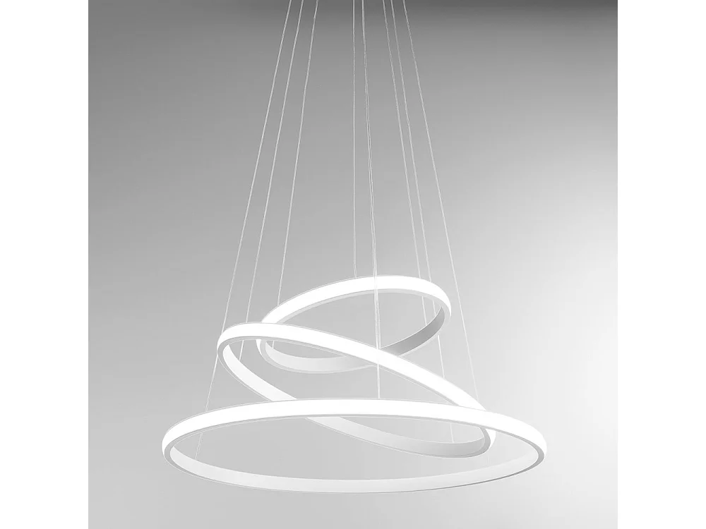 Lustre LED dimmable Iole S3 60W - Suspension moderne à 3 anneaux en aluminium blanc, lumière chaude 3000K, 3000lm, design élégant