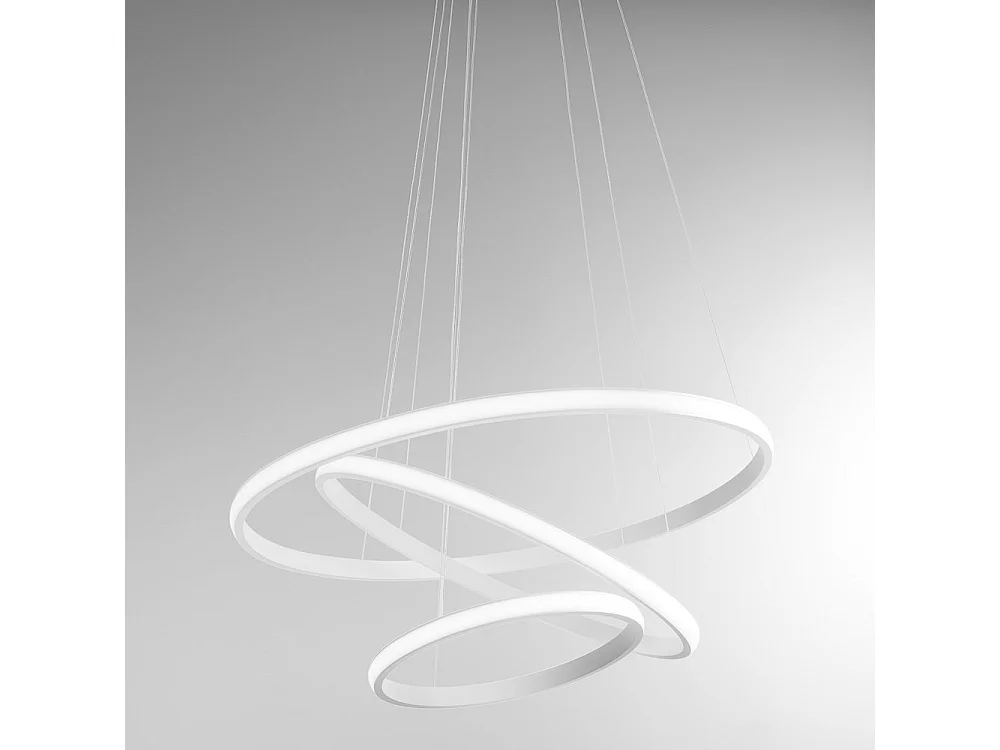 Lustre LED dimmable Iole S3 60W - Suspension moderne à 3 anneaux en aluminium blanc, lumière chaude 3000K, 3000lm, design élégant