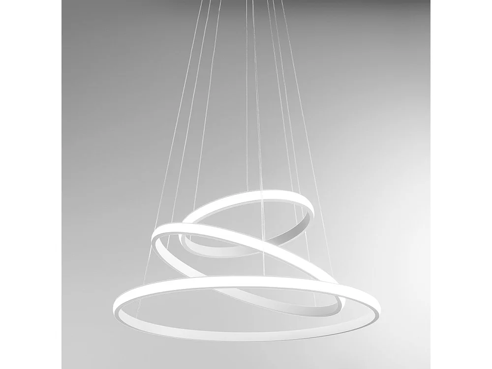 Lustre LED dimmable Iole S3 60W - Suspension moderne à 3 anneaux en aluminium blanc, lumière chaude 3000K, 3000lm, design élégant