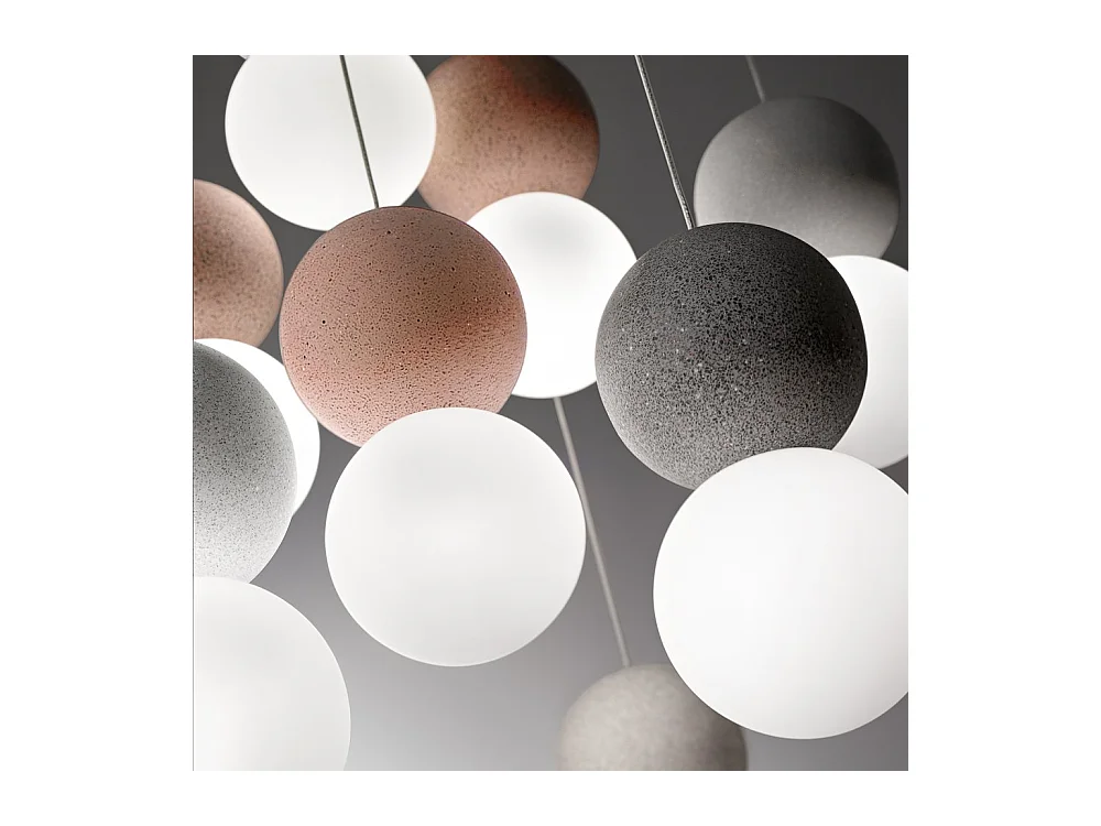 Sfera - Suspension simple avec sphère en béton gris clair et verre opale - 1XG9 max 1X7W, cadre blanc