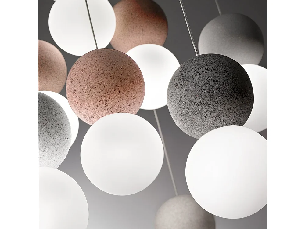Sfera - Suspension simple avec sphère en béton gris clair et verre opale - 1XG9 max 1X7W, cadre blanc