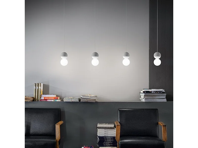 Sfera - Luminária pendente única com esfera de concreto cinza claro e vidro opala - 1XG9 max 1X7W, moldura branca, IP20