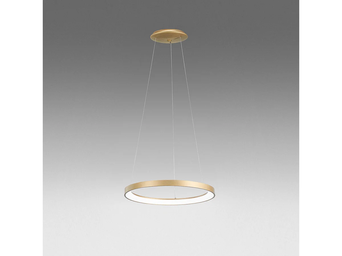 Krizia - Lámpara colgante LED regulable 50W - 2900lm, luz cálida 3000K, aro oro cepillado, difusor opal, d. 60cm, IP20