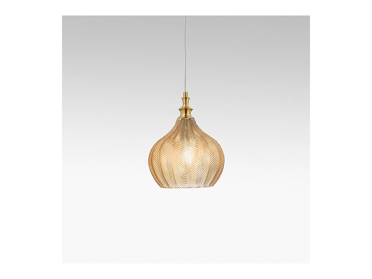 Cleofe - Suspension en verre ambré transparent et laiton - Douille 1XE27, style vintage, 1XE27 max 1X60W, d.23cm, ampoules exclues