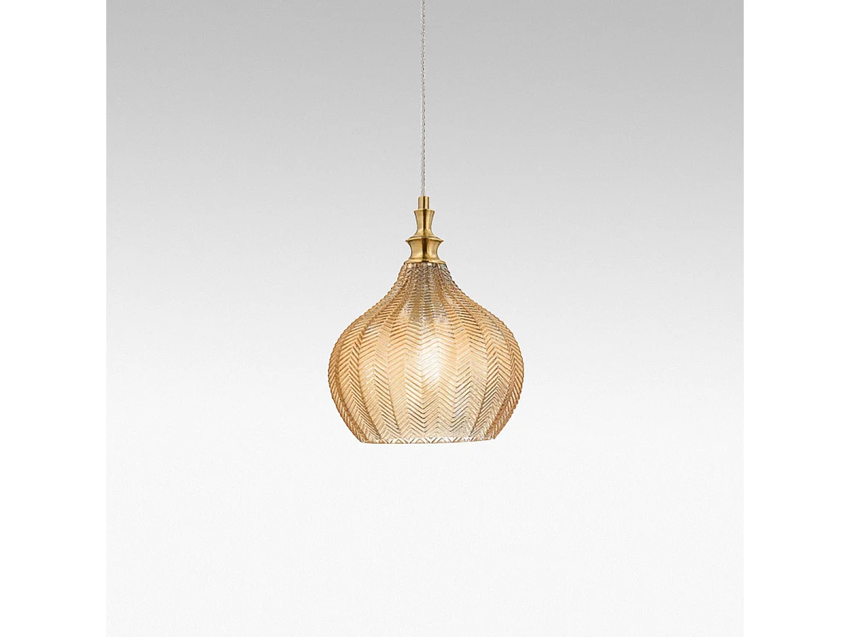 Cleofe - Suspension en verre ambré transparent et laiton - Douille 1XE27, style vintage, 1XE27 max 1X60W, d.23cm, ampoules exclues