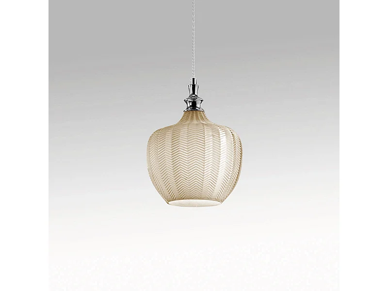 Cleofe - Hanglamp in transparant okerglas en chroom - 1XE27 fitting, vintage stijl, IP20, 1XE27 max 1X60W, d.24cm, exclusief lampen