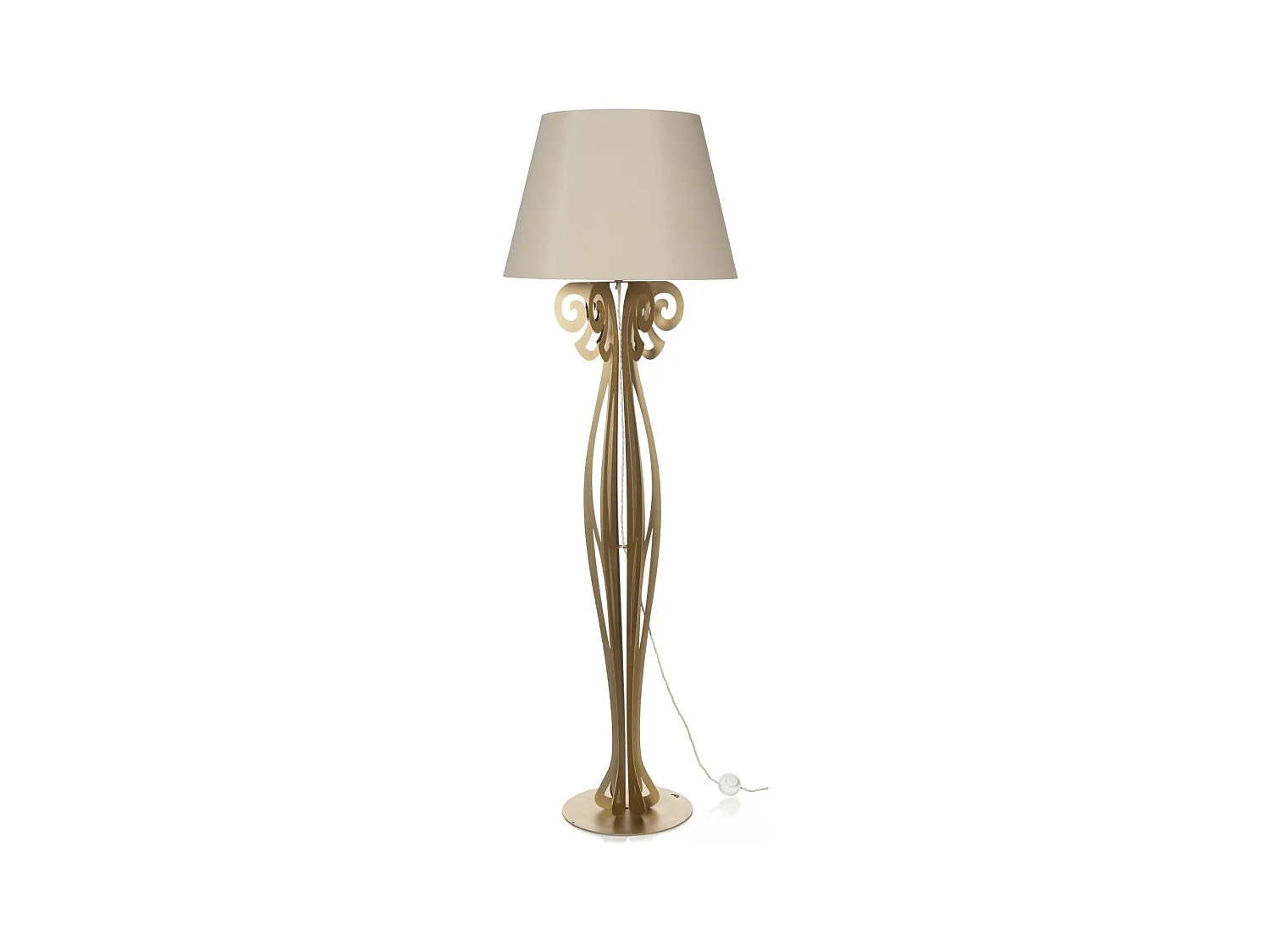 Lampadaire Circeo 60x180 cm en fer doré, abat-jour sable, design vintage, interrupteur au pied, Made in Italy