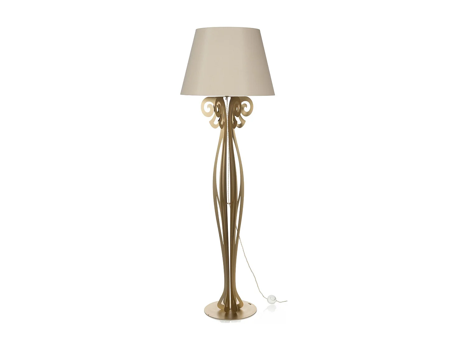Lampadaire Circeo 60x180 cm en fer doré, abat-jour sable, design vintage, interrupteur au pied, Made in Italy