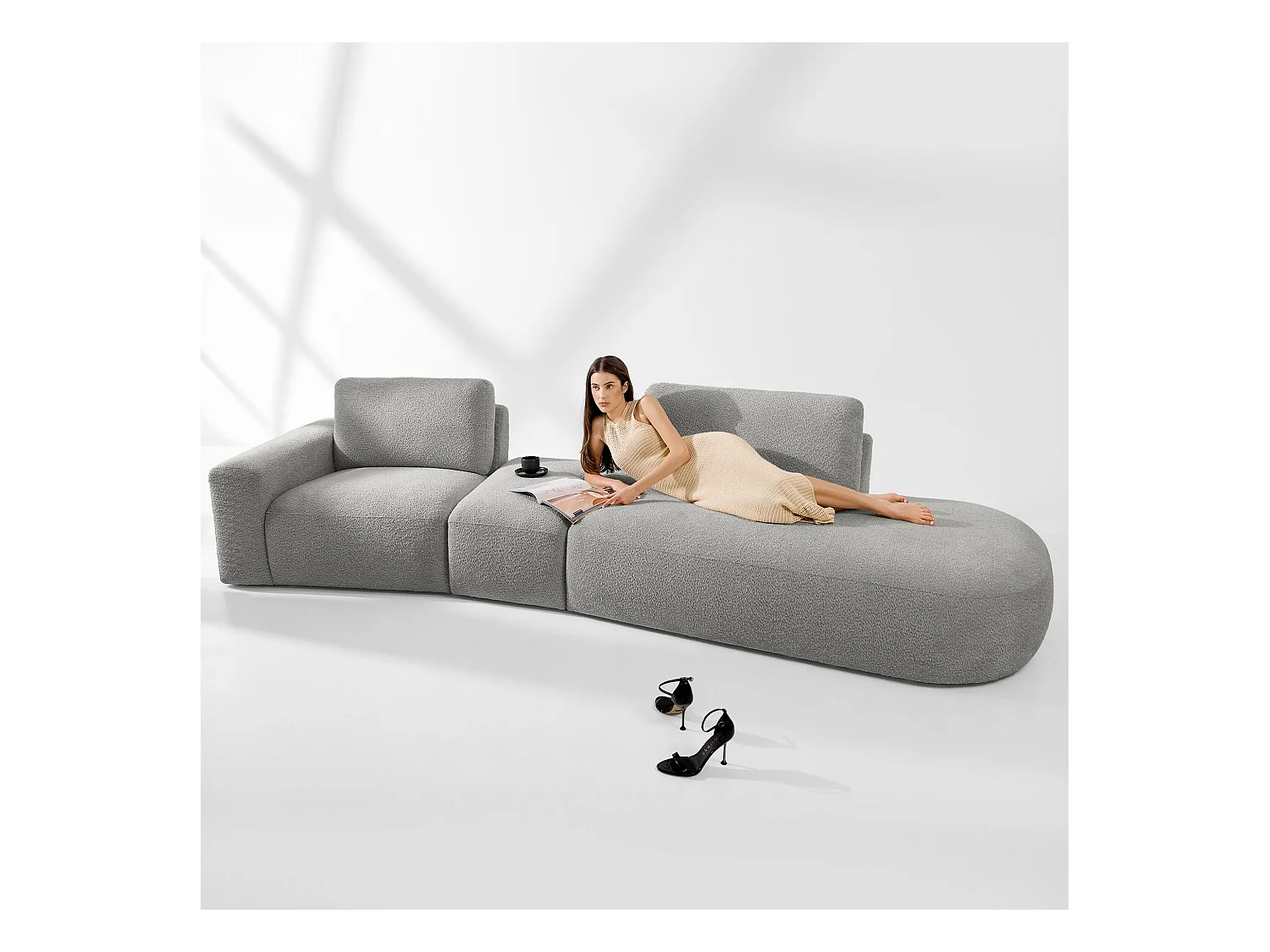 Canapé d'angle moderne droit - ZUCCO - 4 places - tissu boucle - Gris