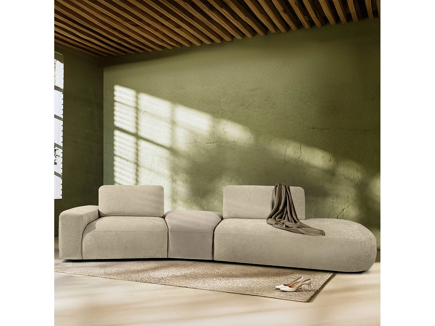 Ecksofa rechts - modern - ZUCCO - 4-Sitzer - Chenille Stoff - Creme