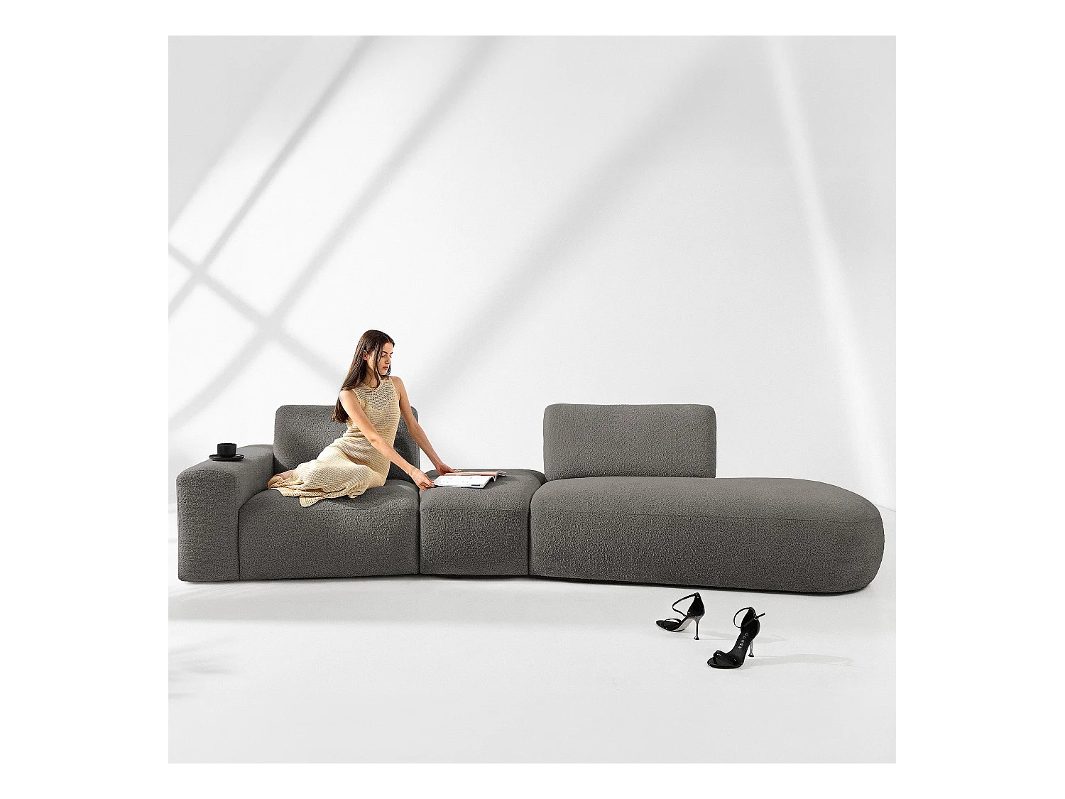 Canapé d'angle moderne droit - ZUCCO - 4 places - tissu boucle - Brun foncé