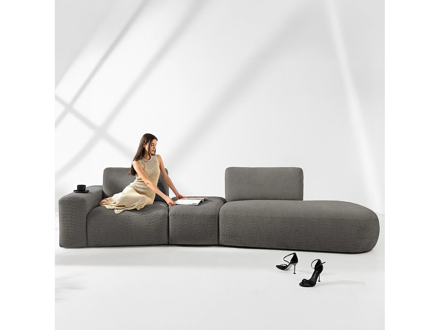 Ecksofa rechts - modern - ZUCCO - 4-Sitzer - Boucle - Dunkelbraun