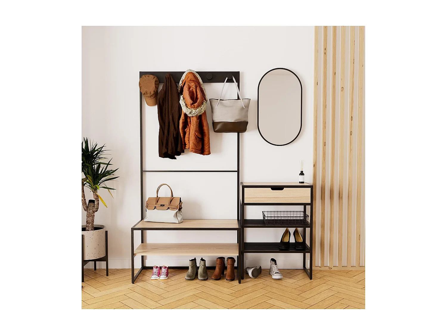 Ensemble meubles d'entrée console, portant et miroir bois et métal