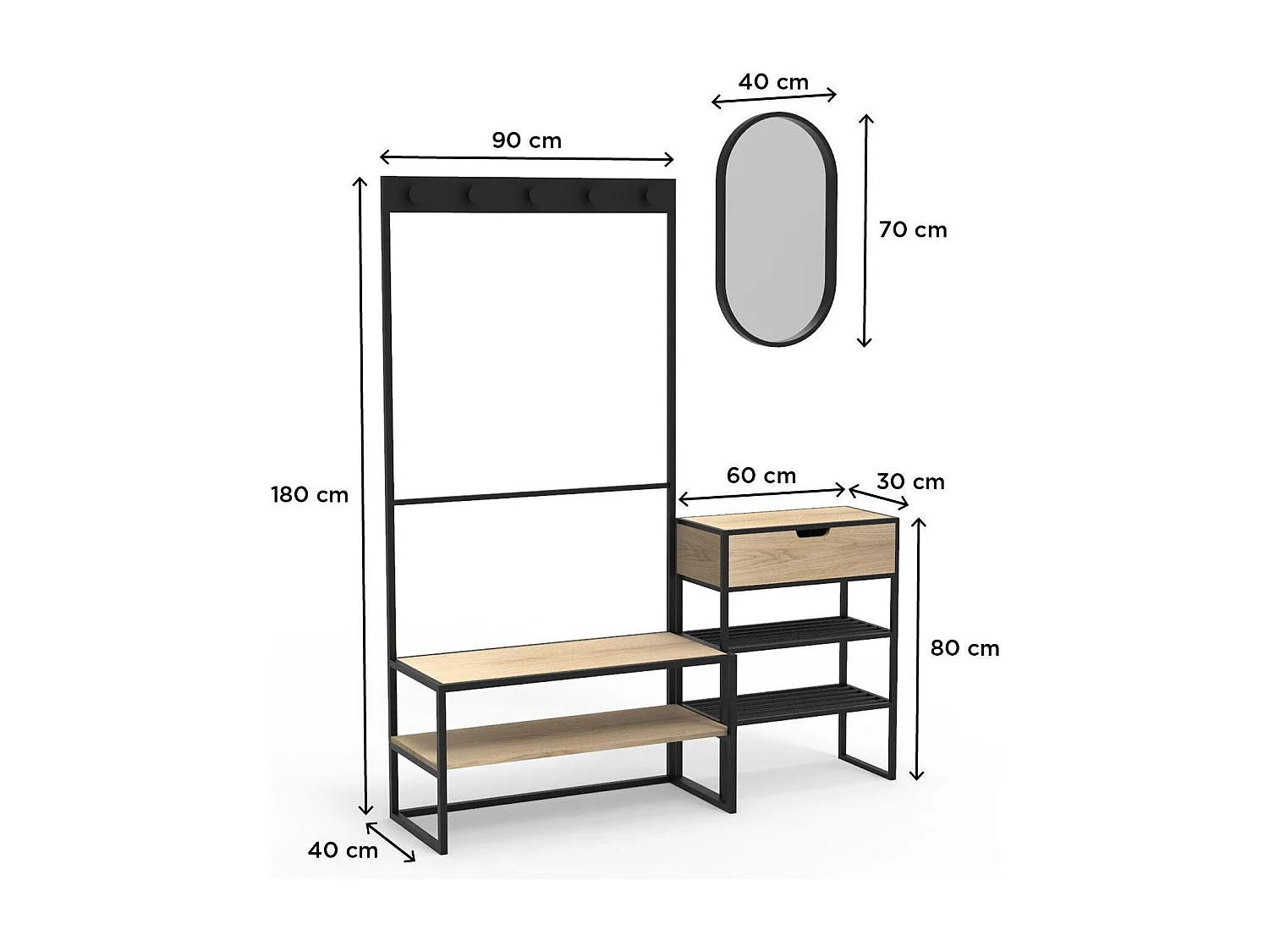 Ensemble meubles d'entrée console, portant et miroir bois et métal