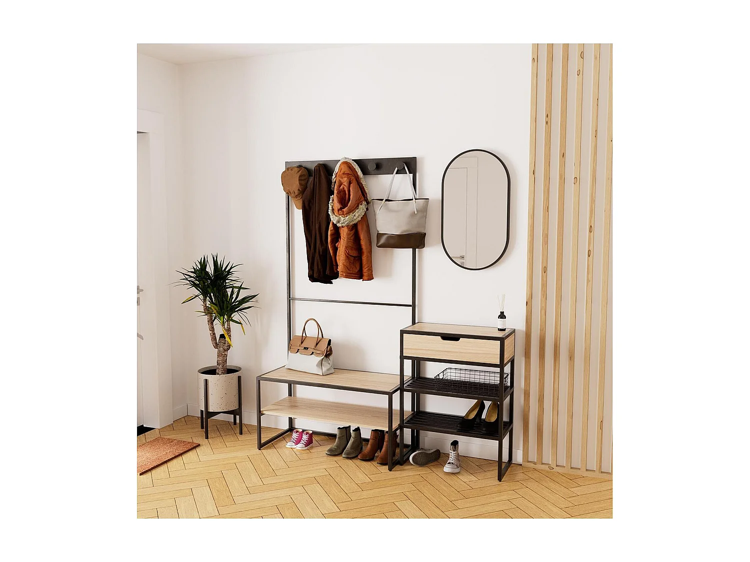 Ensemble meubles d'entrée console, portant et miroir bois et métal