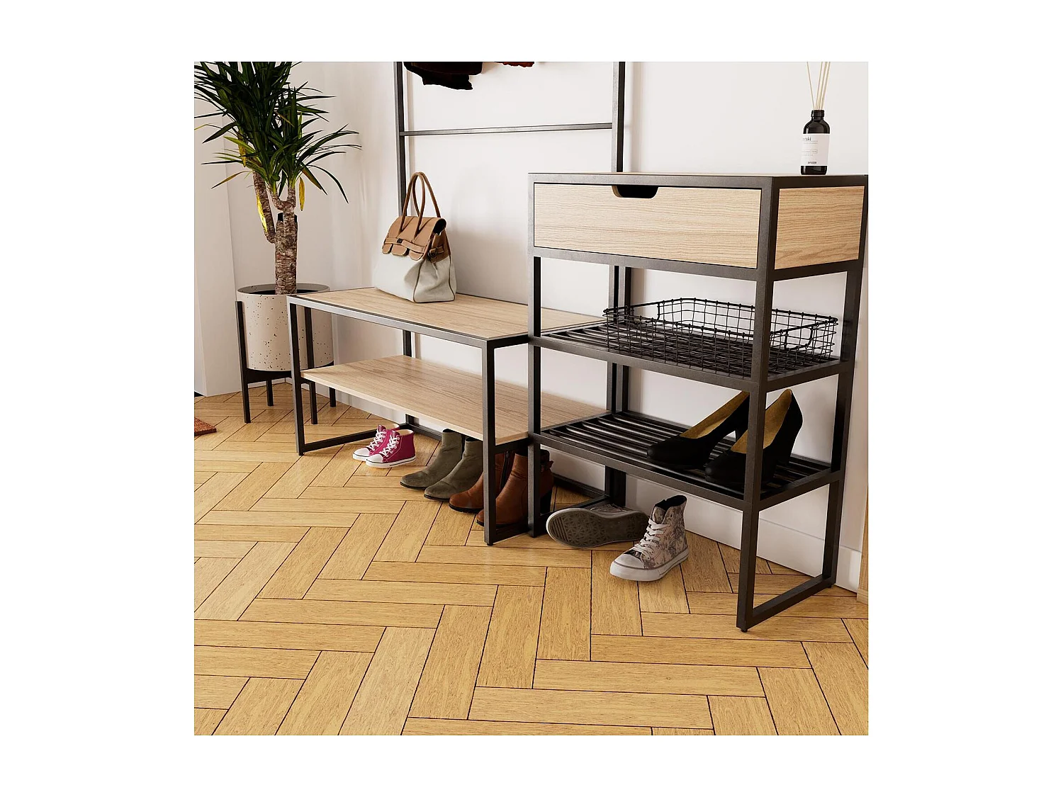 Ensemble meubles d'entrée console, portant et miroir bois et métal