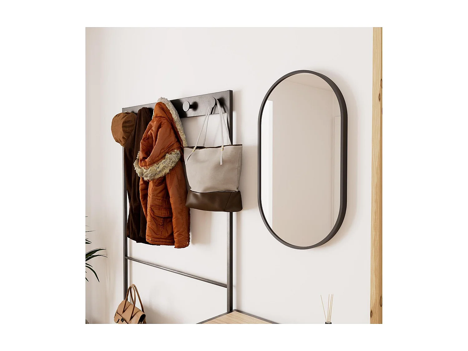 Ensemble meubles d'entrée console, portant et miroir bois et métal